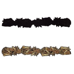 Sew-on component, velveteen / glass / gold-finished copper French wire, multicolored, 8 x 1 inch with fancy design. Sold individually.