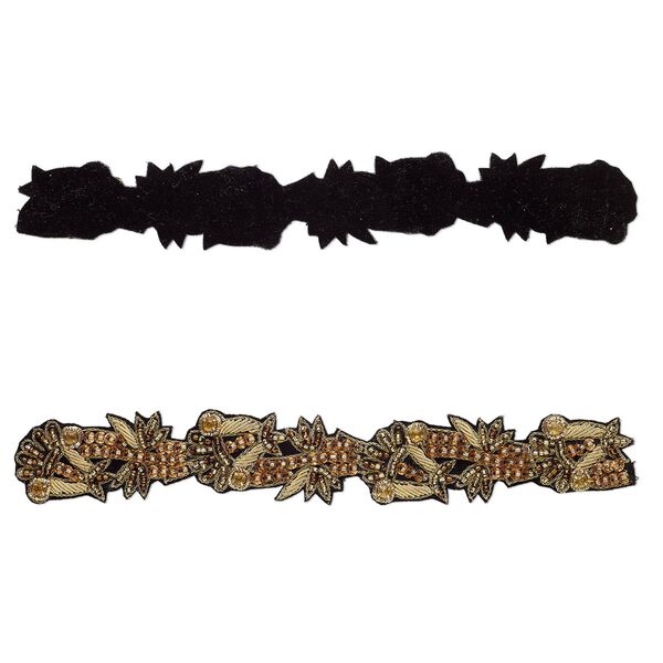 Sew-on component, velveteen / glass / gold-finished copper French wire, multicolored, 8 x 1 inch with fancy design. Sold individually. image number 0