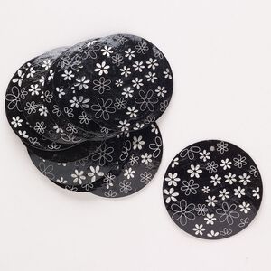Focal, Capiz shell (dyed), black and white, 49-51mm round with flower, Mohs hardness 3-1/2. Sold per pkg of 10.