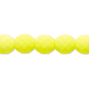 Bead, Preciosa, Czech painted fire-polished glass, matte neon yellow, 10mm faceted round. Sold per 8-inch strand, approximately 20 beads.