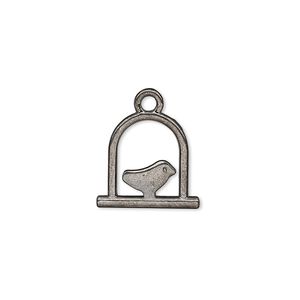 Charm, gunmetal-plated "pewter" (zinc-based alloy), 15x14mm double-sided bird on swing. Sold per pkg of 20.