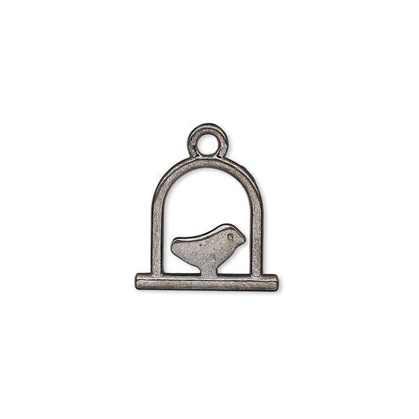 Charm, gunmetal-plated "pewter" (zinc-based alloy), 15x14mm double-sided bird on swing. Sold per pkg of 20. image number 0