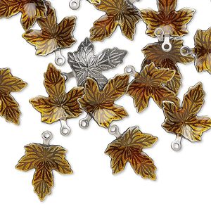 Charm, enamel and antique silver-plated brass, brown, 13x12mm single-sided maple leaf. Sold per pkg of 20.