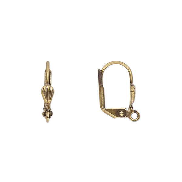 Ear wire, antique gold-plated brass, 15mm leverback with 6x3mm shell and open loop. Sold per pkg of 5 pairs. image number 0