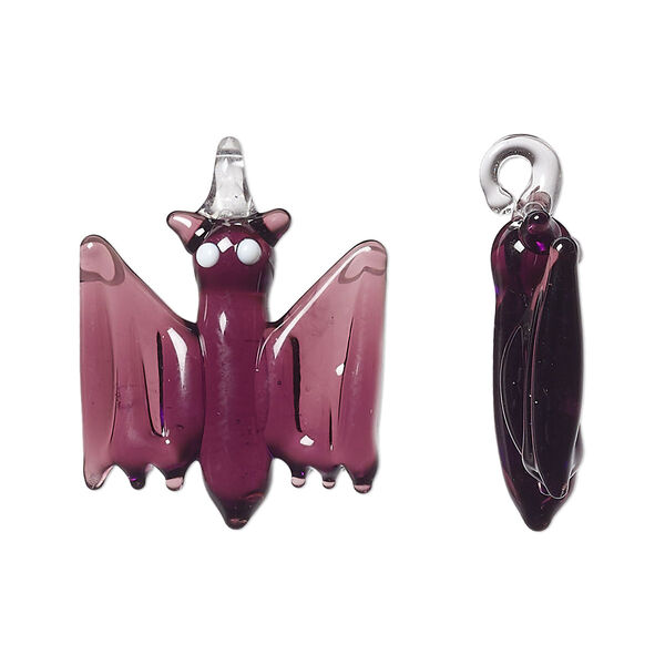 Drop, lampworked glass, purple and white, 20x19mm 3D bat. Sold individually. image number 0
