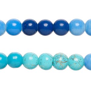 Bead, glass, opaque mixed blues, 8-8.5mm round. Sold per pkg of (2) 7-inch strands, approximately 50 beads.