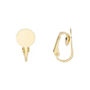 Earring clip-on 1pkg10 gold-plated, 19mm hinged / 9mm round flat pad setting, steel 5 pair