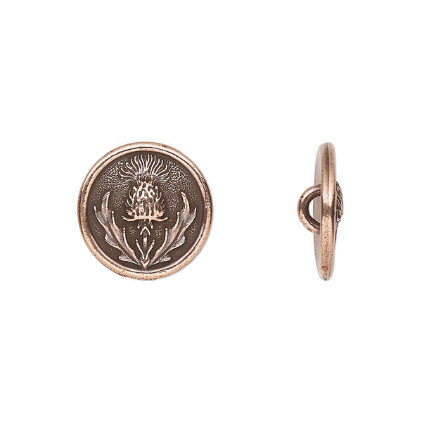 Button, TierraCast®, antique copper-plated pewter (tin-based alloy), 14.5mm round with thistle design. Sold per pkg of 2. image number 0