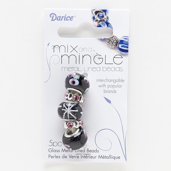 Bead, lampworked glass / glass rhinestone / silver-finished "pewter" (zinc-based alloy), black / white / pink, 12x4mm rondelle and 15x11mm rondelle with dots / hearts / stars design, 4.5-5mm hole. Sold per pkg of 5. image number 0