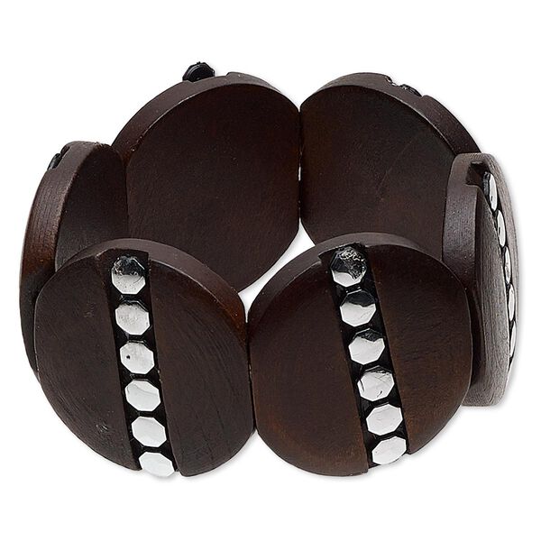 Bracelet, stretch, stained wood and silver-coated plastic, dark brown, 40mm round, 7 inches. Sold individually. image number 0