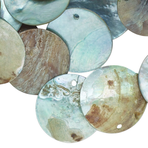 Drop, mussel shell (dyed / coated), blue, 20mm flat round. Sold per pkg of 25. image number 0