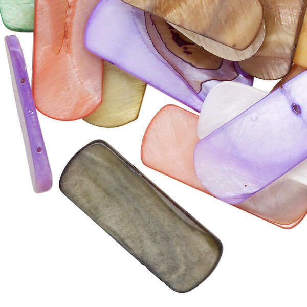 Bead mix, spacer, 2-strand, mother-of-pearl shell (bleached/dyed), mixed colors, 30x12mm-41x19mm rounded rectangle, fits up to 16mm beads, Mohs hardness 3-1/2. Sold per 4-ounce pkg, approximately 25 beads. image number 0