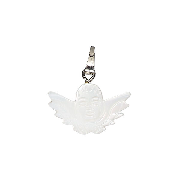 Pendant, mother-of-pearl shell (bleached) / antique silver-finished "pewter" (zinc-based alloy) / steel, 20x12mm-21x13mm single-sided carved cherub. Sold individually. image number 0