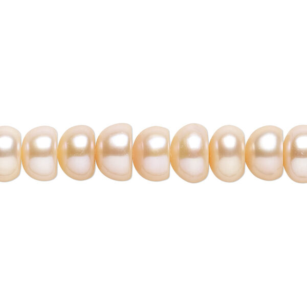 Pearl, cultured freshwater, peach, 7x4mm-9x6mm button with 0.4mm hole, C grade, Mohs hardness 2-1/2 to 4. Sold per 14-inch strand. image number 0