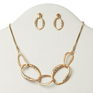 Necklace and earring set, glass with gold-finished "pewter" (zinc-based alloy) and steel, light brown and yellow, open oval, 16 inches with 3-inch extender chain and lobster claw clasp, 1-1/4 inch earrings with post. Sold per set.