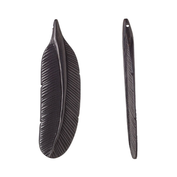 Focal, arang wood (natural), black, 67x19mm hand-carved side-drilled double-sided feather. Sold individually. image number 0