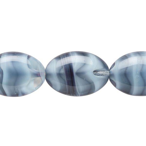 Bead, glass, translucent blue-grey / grey / black, 20x14mm puffed oval. Sold per 6-inch strand, approximately 5 beads. image number 0