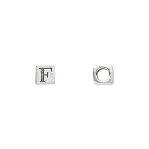 Bead, sterling silver, 5.5mm cube with alphabet letter "F." Sold individually.