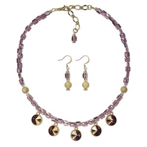 Necklace and earring set, One of a Kind Jewelry, crystal / gold-plated pewter (tin-based alloy) / brass, pink and clear, 16 inches with 2-1/2 inch extender chain and lobster claw clasp, 1-1/2 inches with fishhook ear wire. Only one available.