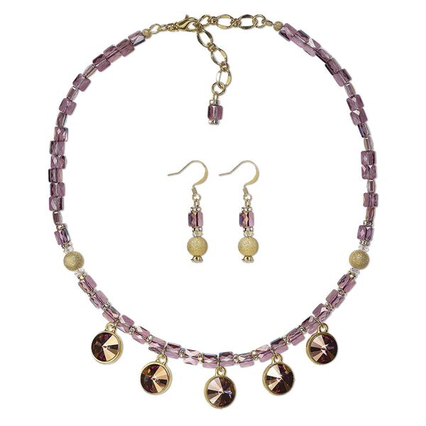 Necklace and earring set, One of a Kind Jewelry, crystal / gold-plated pewter (tin-based alloy) / brass, pink and clear, 16 inches with 2-1/2 inch extender chain and lobster claw clasp, 1-1/2 inches with fishhook ear wire. Only one available. image number 0