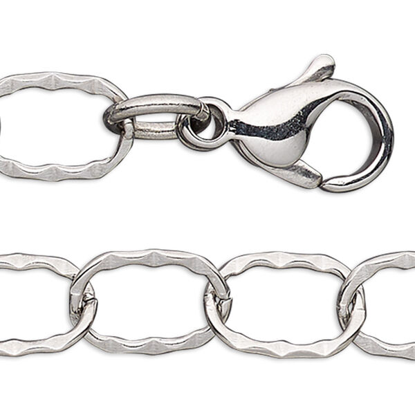 Chain, stainless steel, 6.2mm textured flat oval cable, 16 inches with lobster claw clasp. Sold individually. image number 0