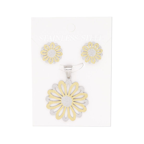 Pendant and earring, silver- and gold-finished stainless steel, 32x32mm stardust sunflower pendant, 17x17mm stardust sunflower with post. Sold per set. image number 0