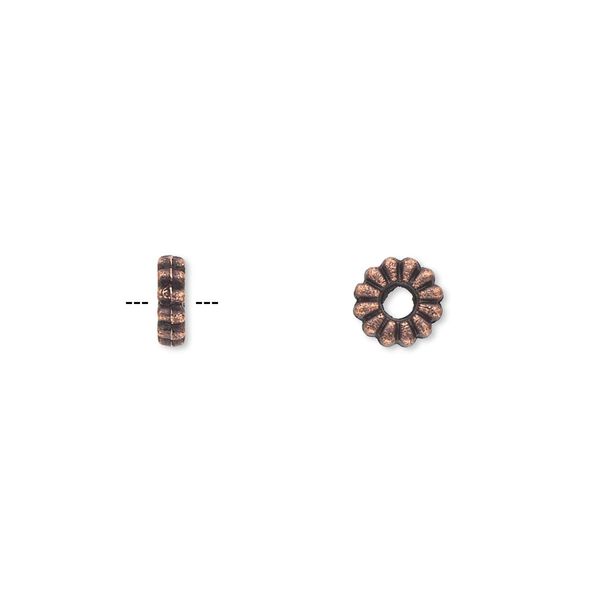 Bead, antique copper-plated "pewter" (zinc-based alloy), 7x2mm double-sided corrugated rondelle. Sold per pkg of 100. image number 0