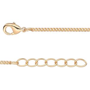 Chain, gold-finished brass, 1.5mm curb, 18 inches with 1-1/4 inch extender chain and lobster claw clasp. Sold per pkg of 4.
