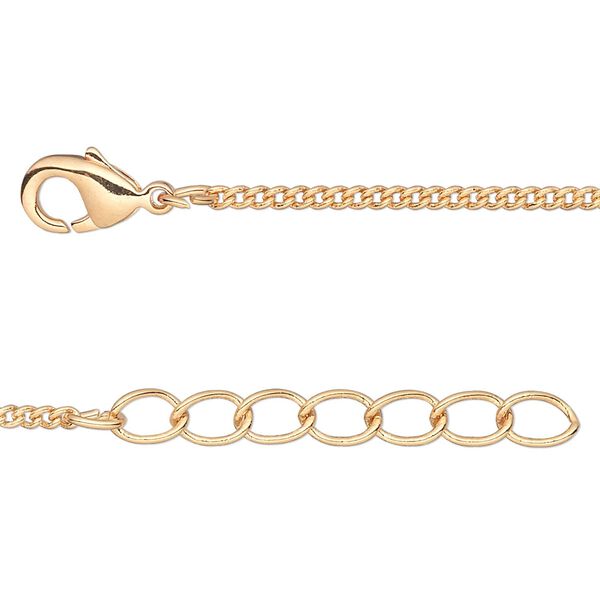 Chain, gold-finished brass, 1.5mm curb, 18 inches with 1-1/4 inch extender chain and lobster claw clasp. Sold per pkg of 4. image number 0