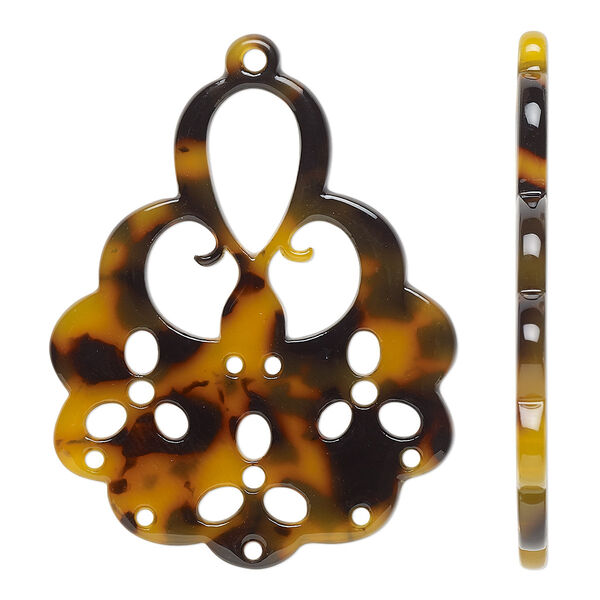 Focal, resin, translucent tortoise, 43.5x35.5mm fancy with cutout. Sold per pkg of 4. image number 0