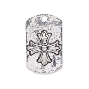 Focal, antique silver-plated brass, 30x18mm single-sided hammered rounded rectangle with cross. Sold individually.
