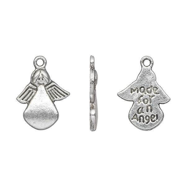 Charm, antique silver-plated "pewter" (zinc-based alloy), 14x12mm two-sided angel with "Made for an Angel." Sold per pkg of 20. image number 0