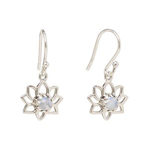 Earring, Create Compliments®, antiqued sterling silver and rainbow moonstone (natural), fishhook, 26mm with 14.5x12mm single-sided open lotus, 21 gauge. Sold per pair.