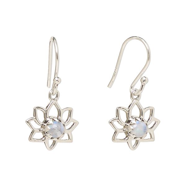 Earring, Create Compliments®, antiqued sterling silver and rainbow moonstone (natural), fishhook, 26mm with 14.5x12mm single-sided open lotus, 21 gauge. Sold per pair. image number 0