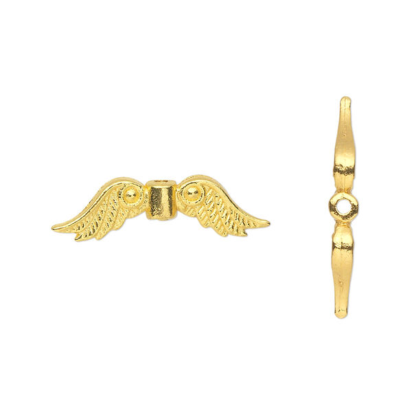 Bead, gold-finished "pewter" (zinc-based alloy), 23x6mm double-sided angel wings. Sold per pkg of 20. image number 0