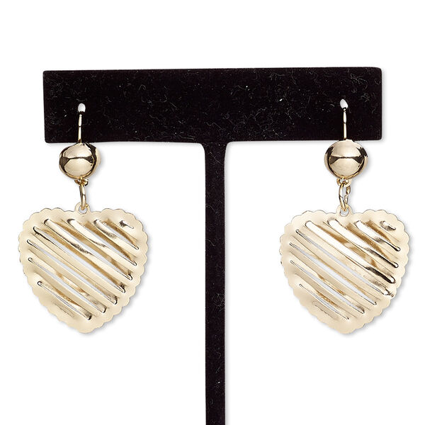 Earring, gold-finished steel, 1-1/2 inches with heart and fishhook ear wire with safety. Sold per pair. image number 0