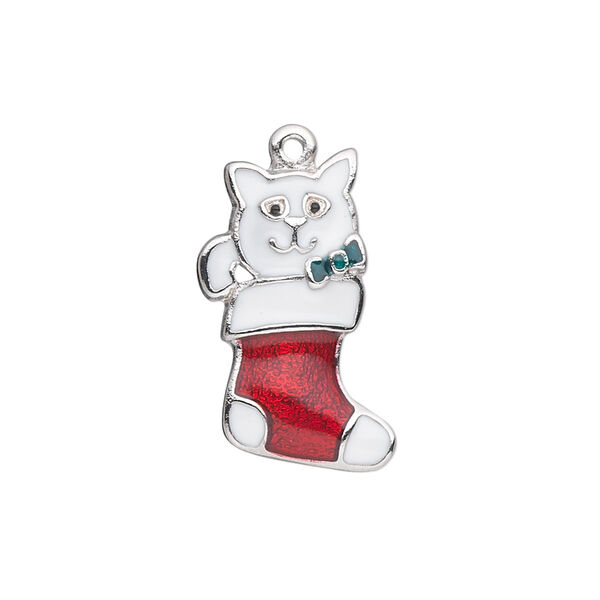 Charm, silver-plated "pewter" (zinc-based alloy) and enamel, red / white / green, 23.5x15mm single-sided stocking with kitten wearing a bow. Sold individually. image number 0