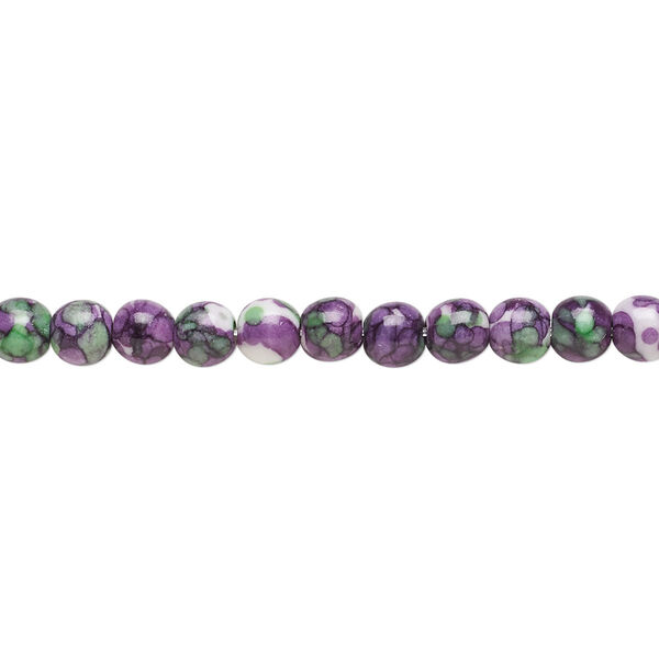 Bead, resin and painted ceramic, purple / green / white, 4mm round. Sold per 15-1/2" to 16" strand. image number 0