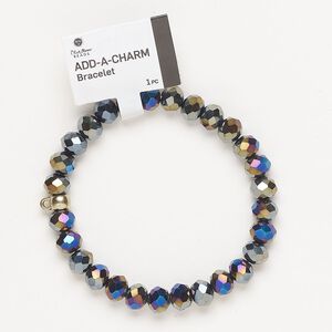 Bracelet, stretch, gold-finished brass and glass, peacock AB and gunmetal, 8mm faceted rondelle and 5x6mm rondelle with bottom loop, 6-1/2 inches. Sold individually.