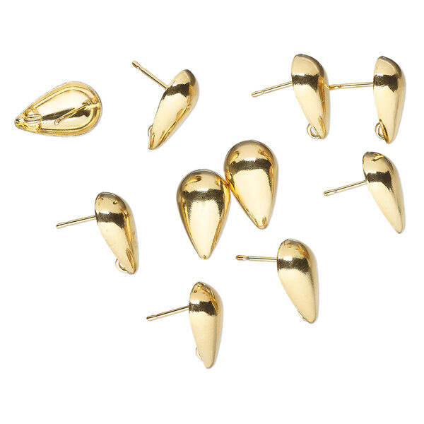 Earstud, gold-plated brass, 14x8.5mm half-dome teardrop with hidden open loop. Sold per pkg of 5 pairs. image number 0