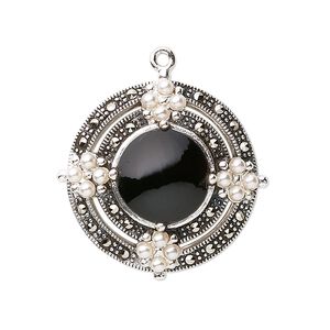 Marcasite / black onyx / freshwater pearl / sterling silver 1pkg1, fancy round drop cultured 25mm