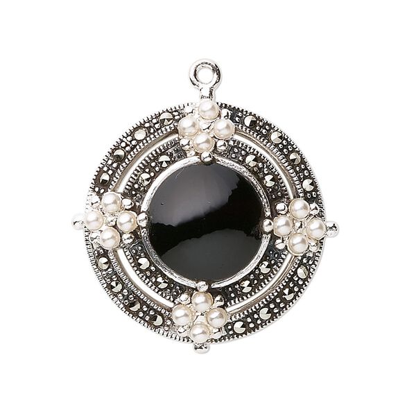 Marcasite / black onyx / freshwater pearl / sterling silver 1pkg1, fancy round drop cultured 25mm image number 0