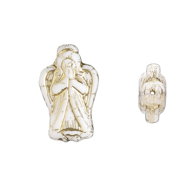 Bead, Preciosa, Czech pressed glass, opaque white, antique gold, 23x13mm angel. Sold per pkg of 5. image number 0
