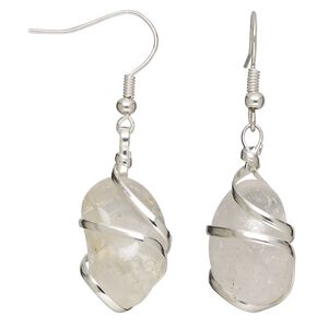 Quartz / copper 1pkg2, hand-cut tumbled nugget silver-plated fishhook earring natural 22 gauge 45mm overall