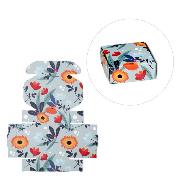 Box, paper, multicolored, 3x3x1-inch unassembled square with flower and leaves design. Sold per pkg of 10. image number 0