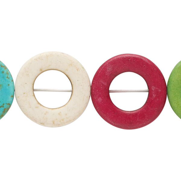 Bead, "howlite" (resin) (dyed / imitation), multicolored, 20mm round donut, 10mm center hole. Sold per 15-inch strand. image number 0
