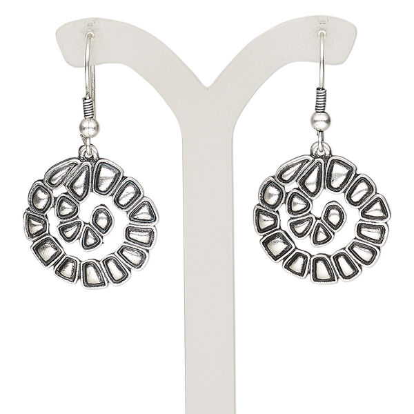 Earring, antique silver-plated brass and "pewter" (zinc-based alloy), 1-1/2 inches with round and fishhook ear wire. Sold per pair. image number 0