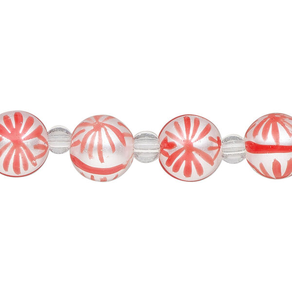 Bead, glass 1pkg8, opaque white and red, 10mm hand-painted round. image number 0