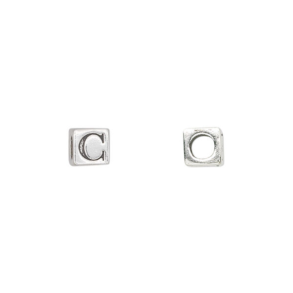 Bead, sterling silver, 5.5mm cube with alphabet letter "C." Sold individually. image number 0