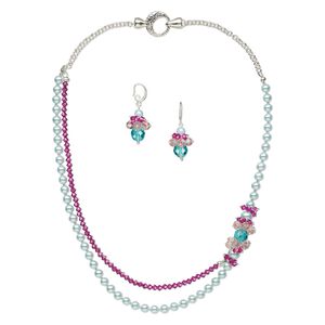 Necklace and earring set, One of a Kind Jewelry, silver-plated brass / glass / crystal, aqua and pink, 22-inch necklace. Only one available.